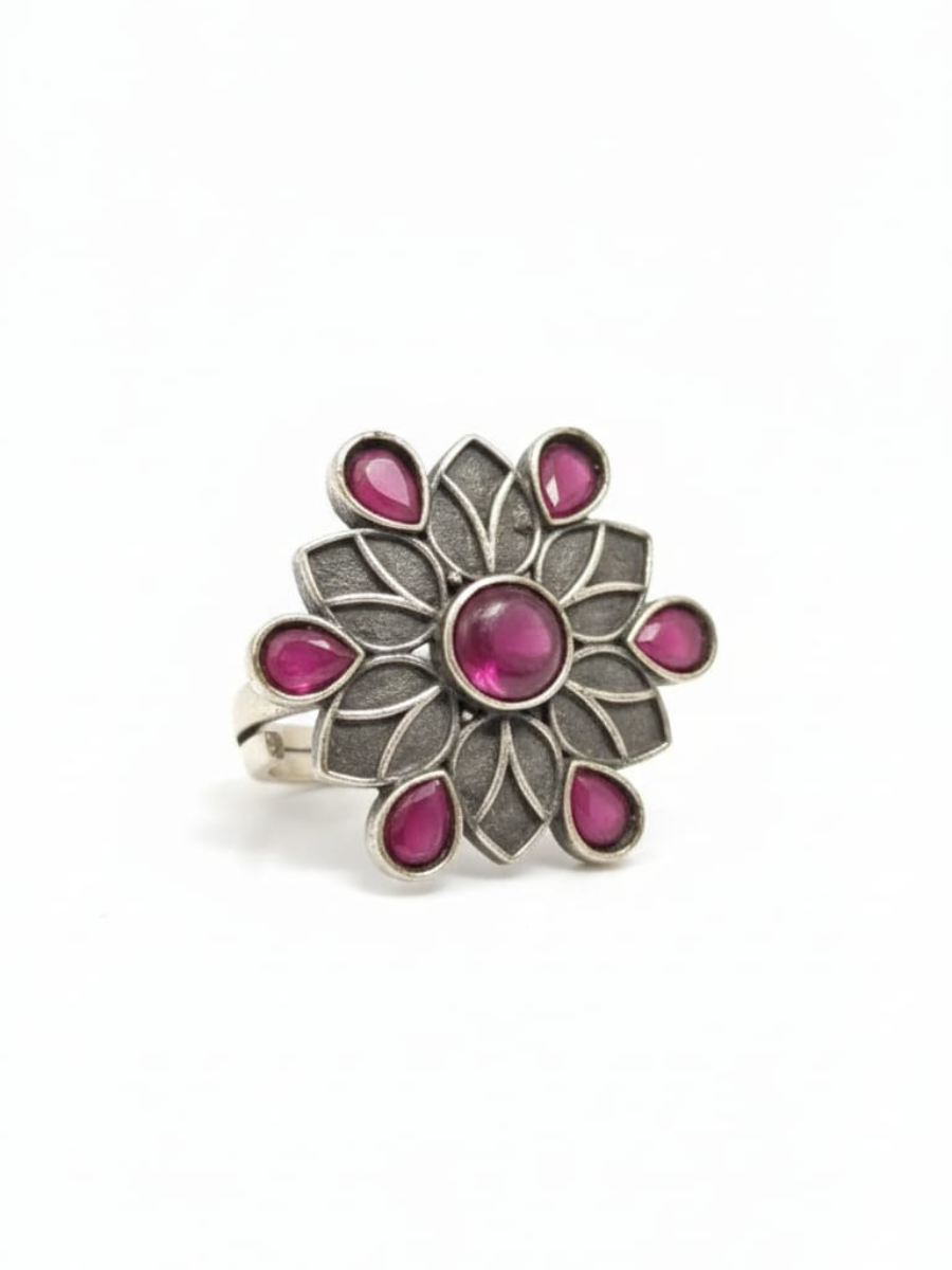 Oxidised silver red gemstone ring