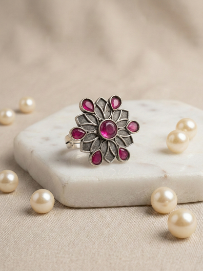Buy Oxidised Silver Red Stone Studded Statement Ring Online in India