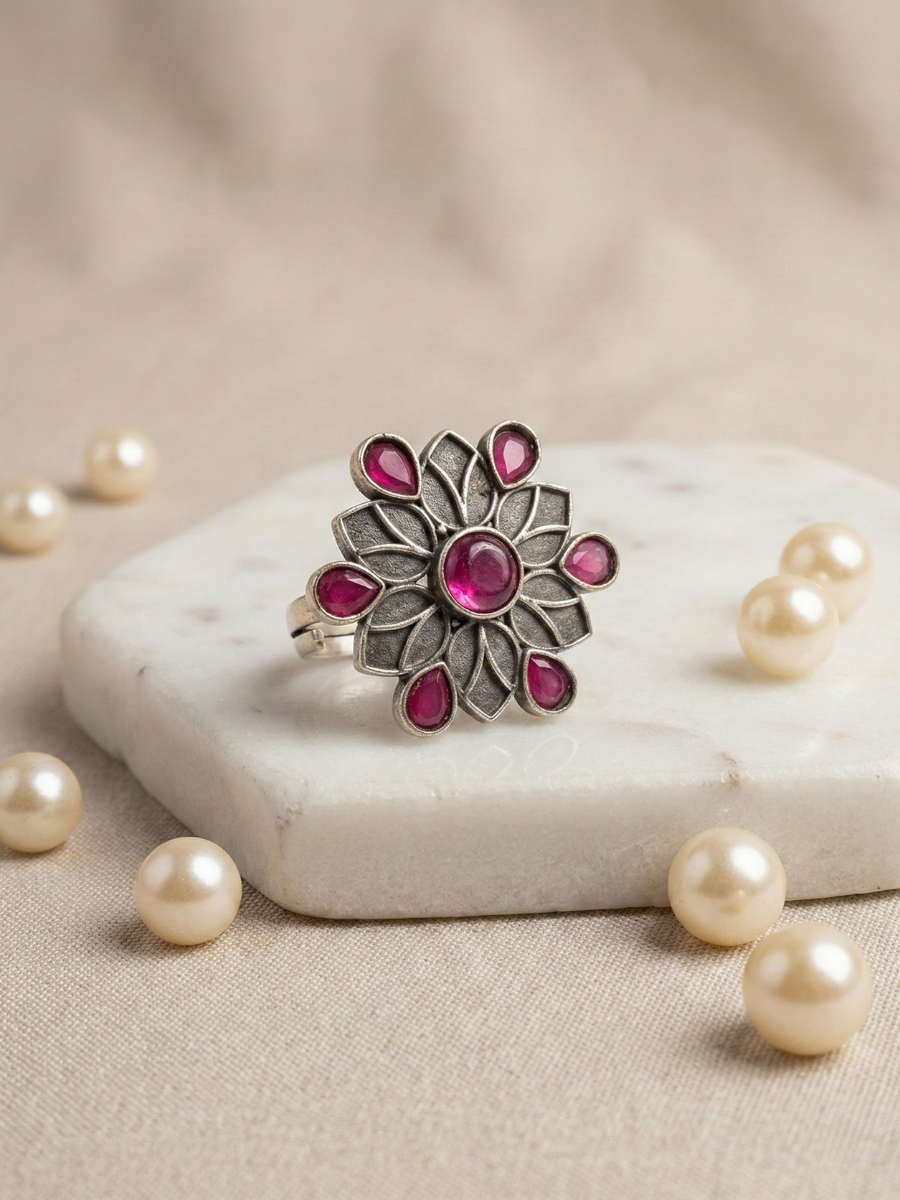 Buy Oxidised Silver Red Stone Studded Statement Ring Online in India