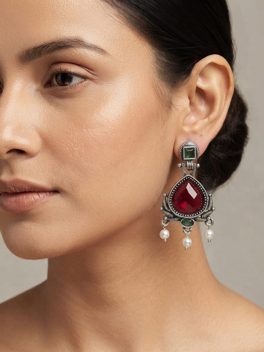 Oxidised Silver Red and Green Stones Drop Earrings