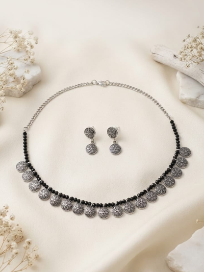 Oxidised Silver Round floral Charms Choker Necklace