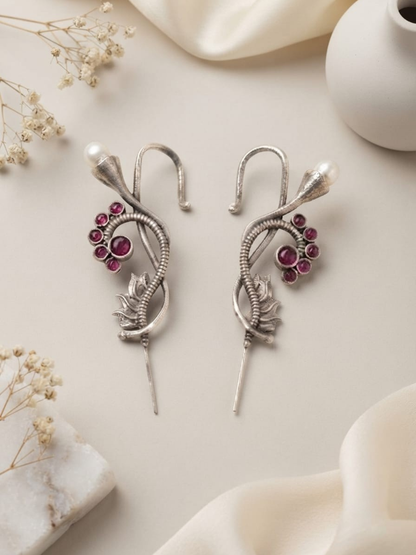 Oxidised silver ruby red earcuffs