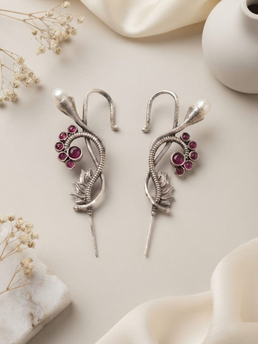 Oxidised silver ruby red earcuffs