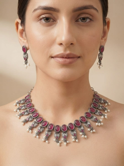 Oxidised Silver Ruby Red Stones Floral Choker Necklace