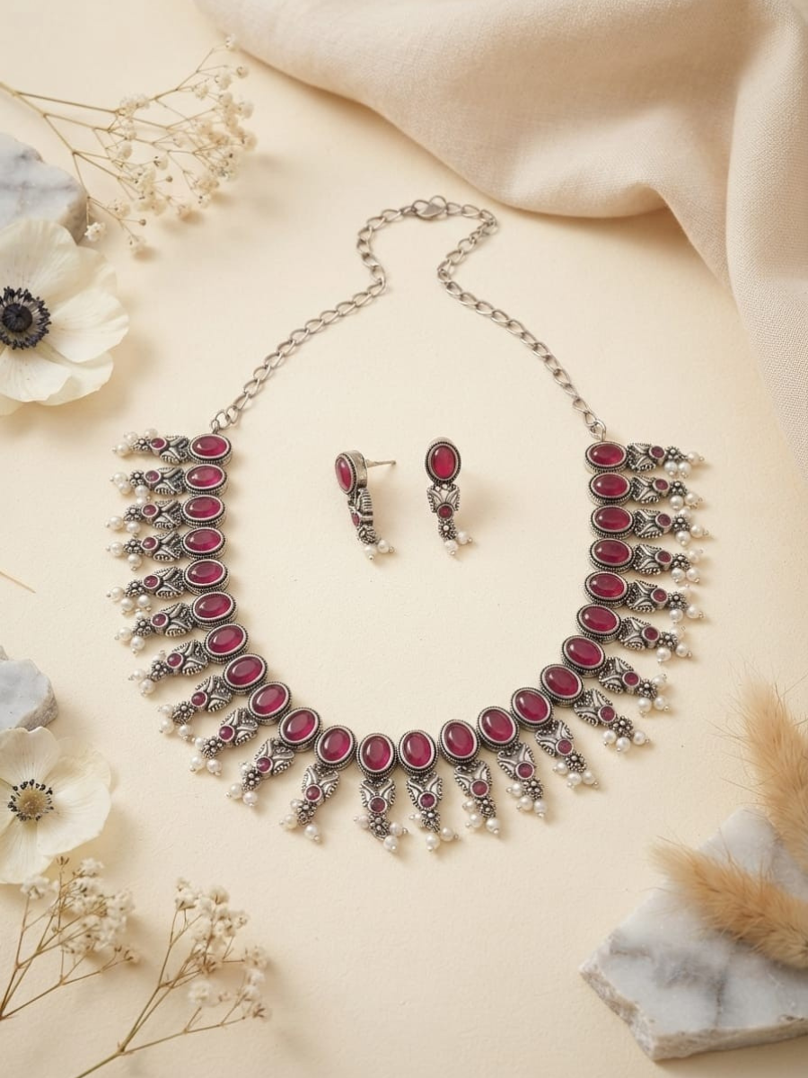 Oxidised silver ruby stone choker set