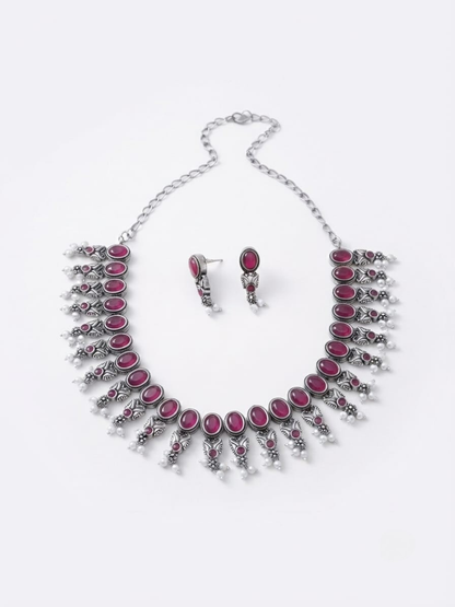 Oxidised silver ruby stone choker