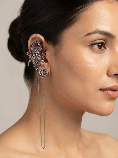 Oxidised Silver Ruby Stones Hanging Chain Earcuff