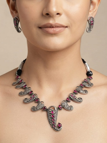 Oxidised silver ruby paisley choker