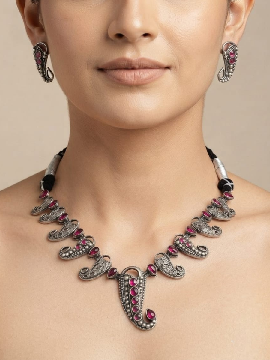 Oxidised silver ruby paisley choker