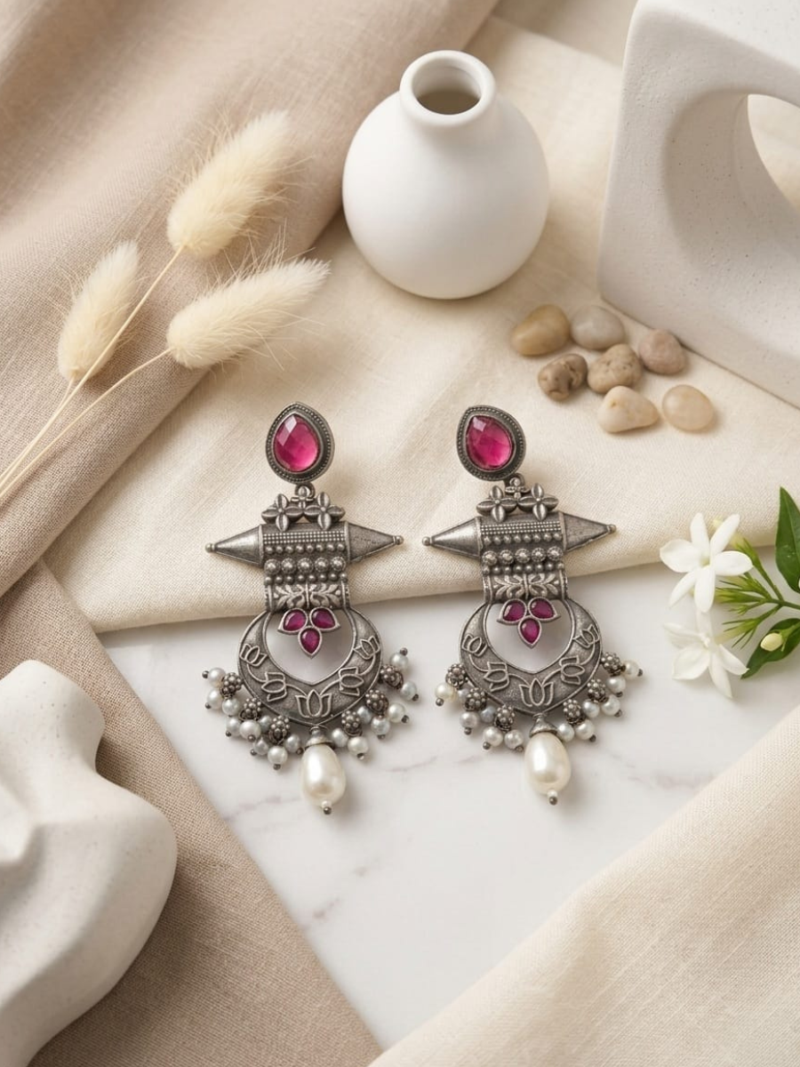Oxidised silver traditional chandbali earrings