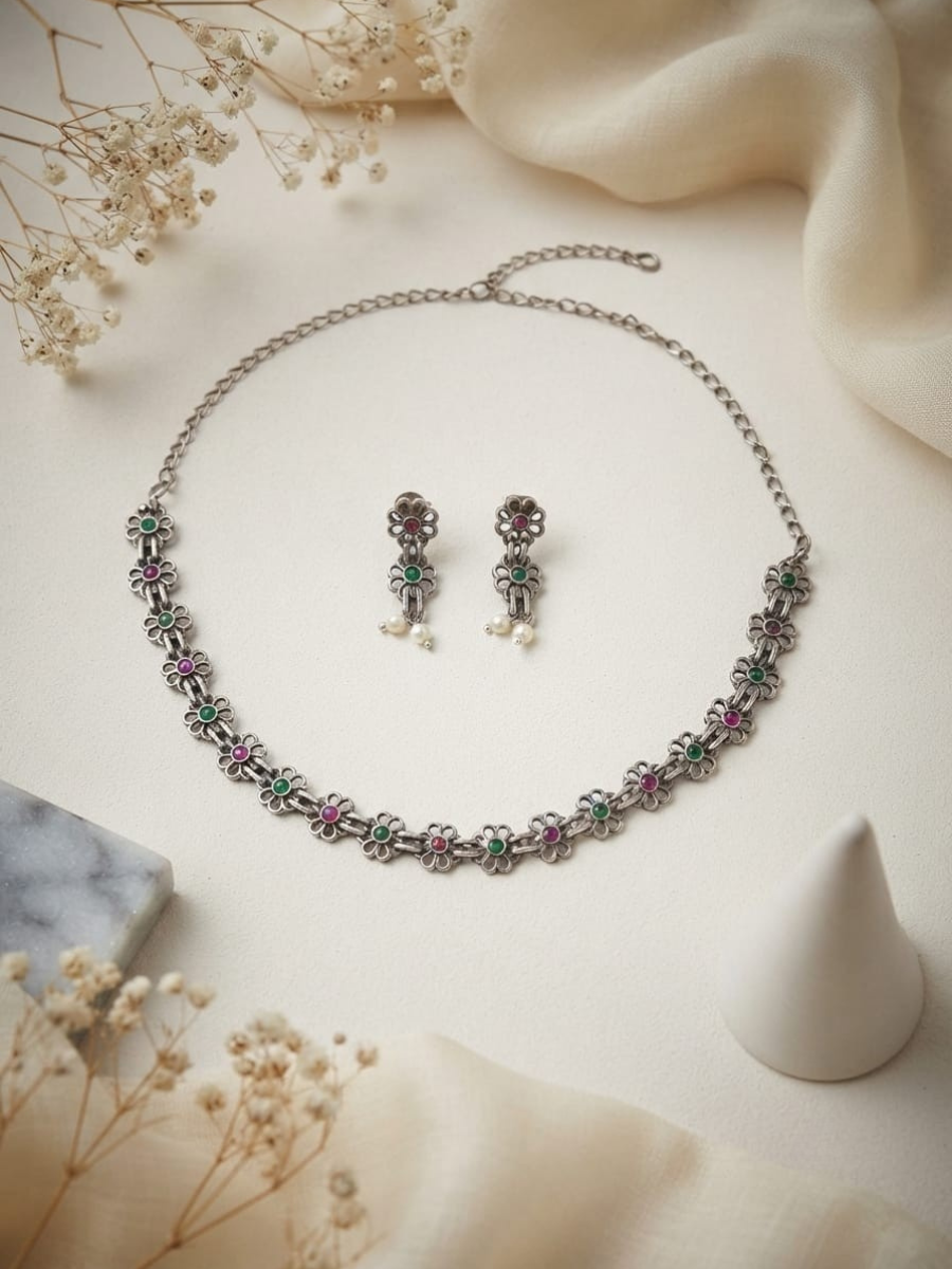 Oxidised Silver Ruby and Green Minimal Floral Choker Set