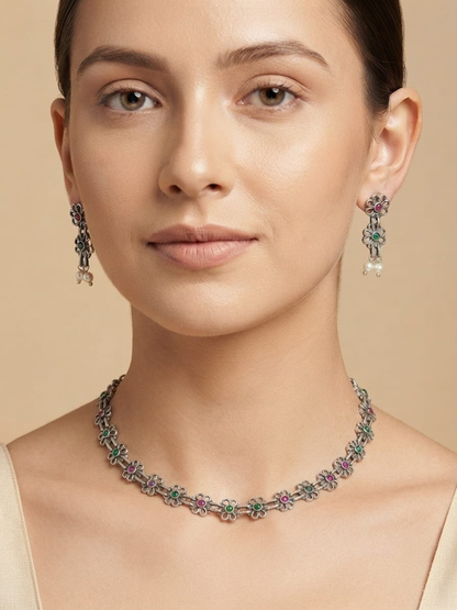 Oxidised Silver Ruby Green Floral Choker