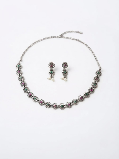 Silver Antique Floral Choker Necklace Set