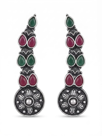 Traditional Oxidised Silver Plated Multicolor Stones Earcuff Earrings