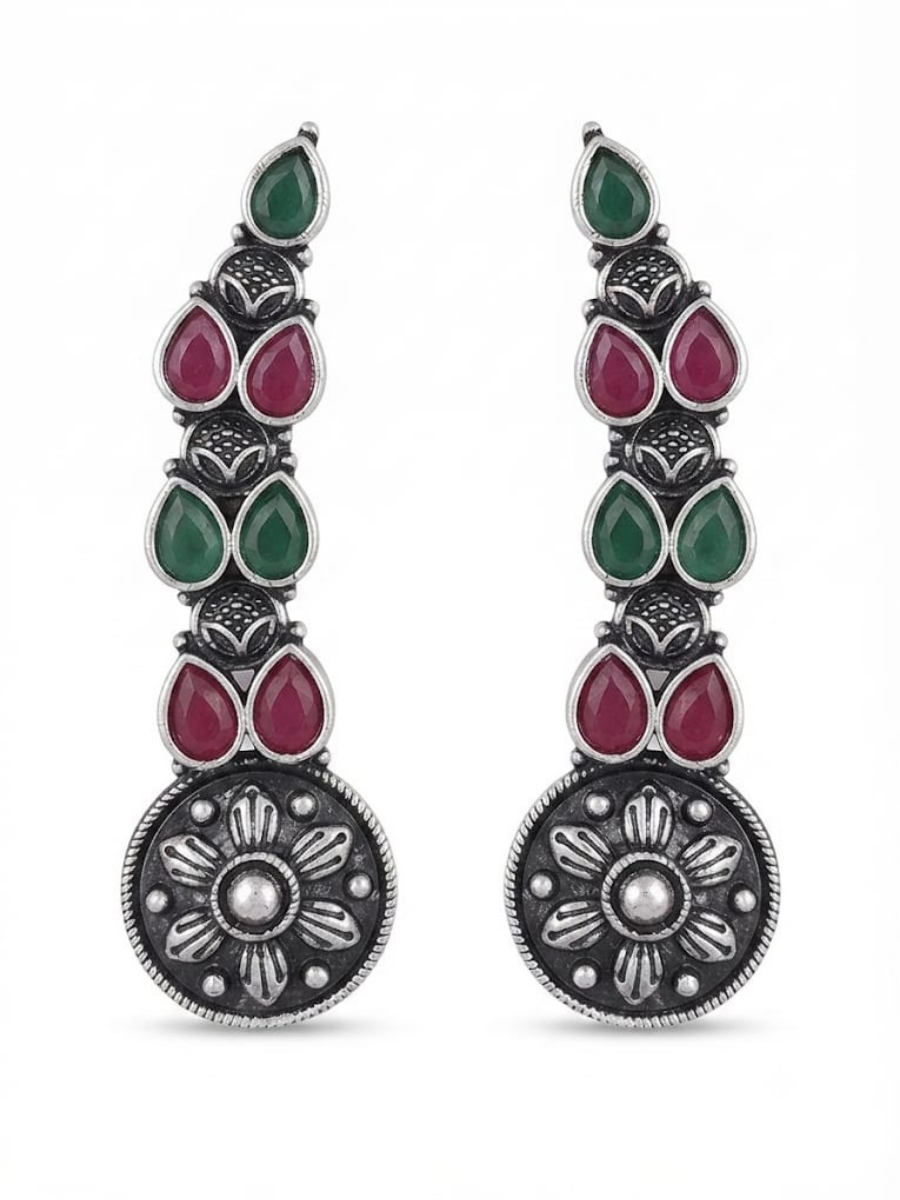Traditional Oxidised Silver Plated Multicolor Stones Earcuff Earrings
