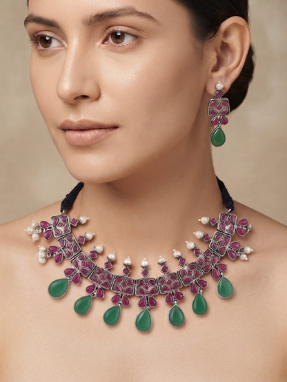 Oxidised Silver Ruby and Green Stones Statement Necklace Set