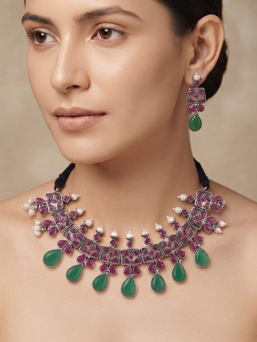 Oxidised Silver Ruby and Green Stones Statement Necklace Set