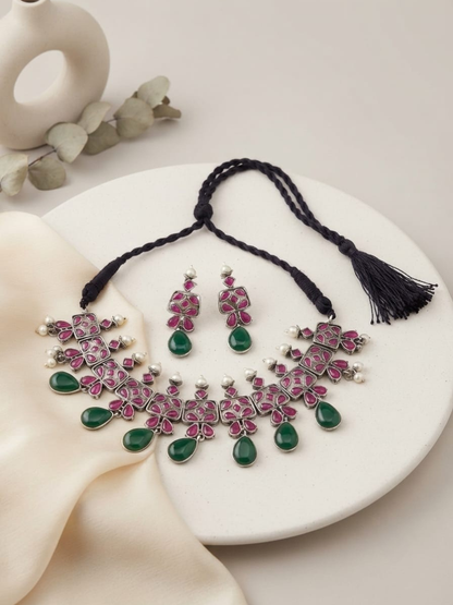 Oxidised silver ruby stone necklace