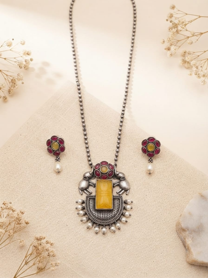Oxidised Silver Ruby and Yellow Long Chain Necklace Set