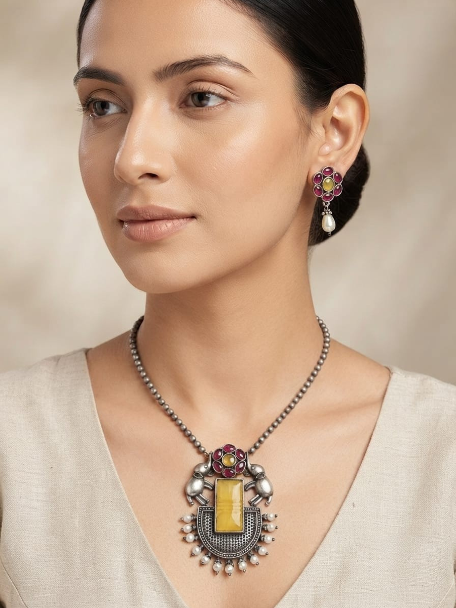 Oxidised silver long necklace set