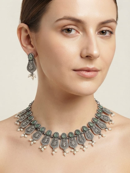 Oxidised Silver Sea Green Choker Necklace Set