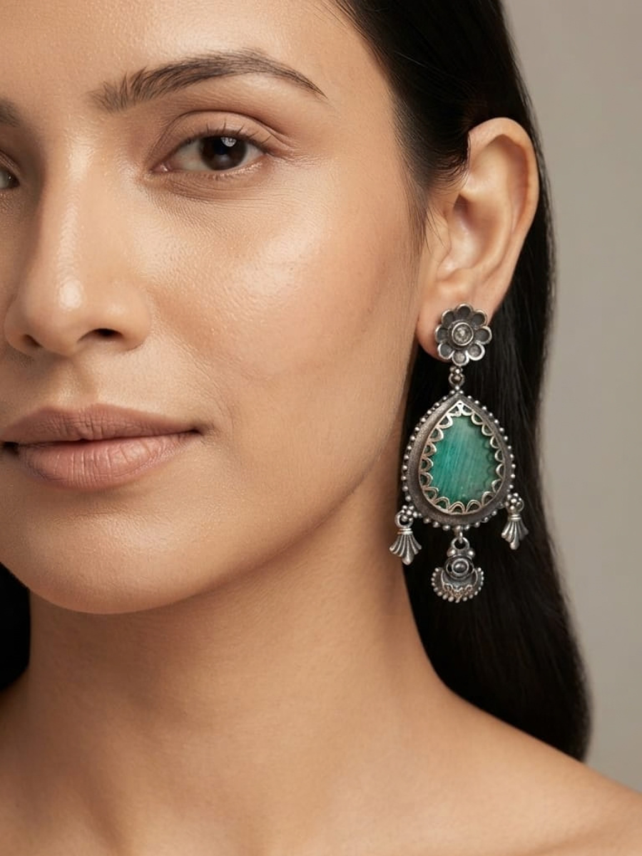 Oxidised Silver Sea Green Teardrop Dangle Earrings