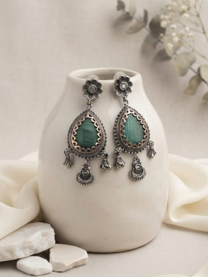 Oxidized silver green stone drop earrings