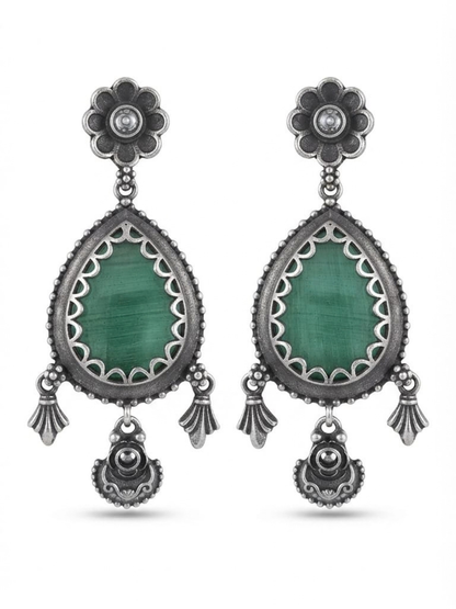 Oxidised Silver Sea Green Teardrop Dangle Earrings