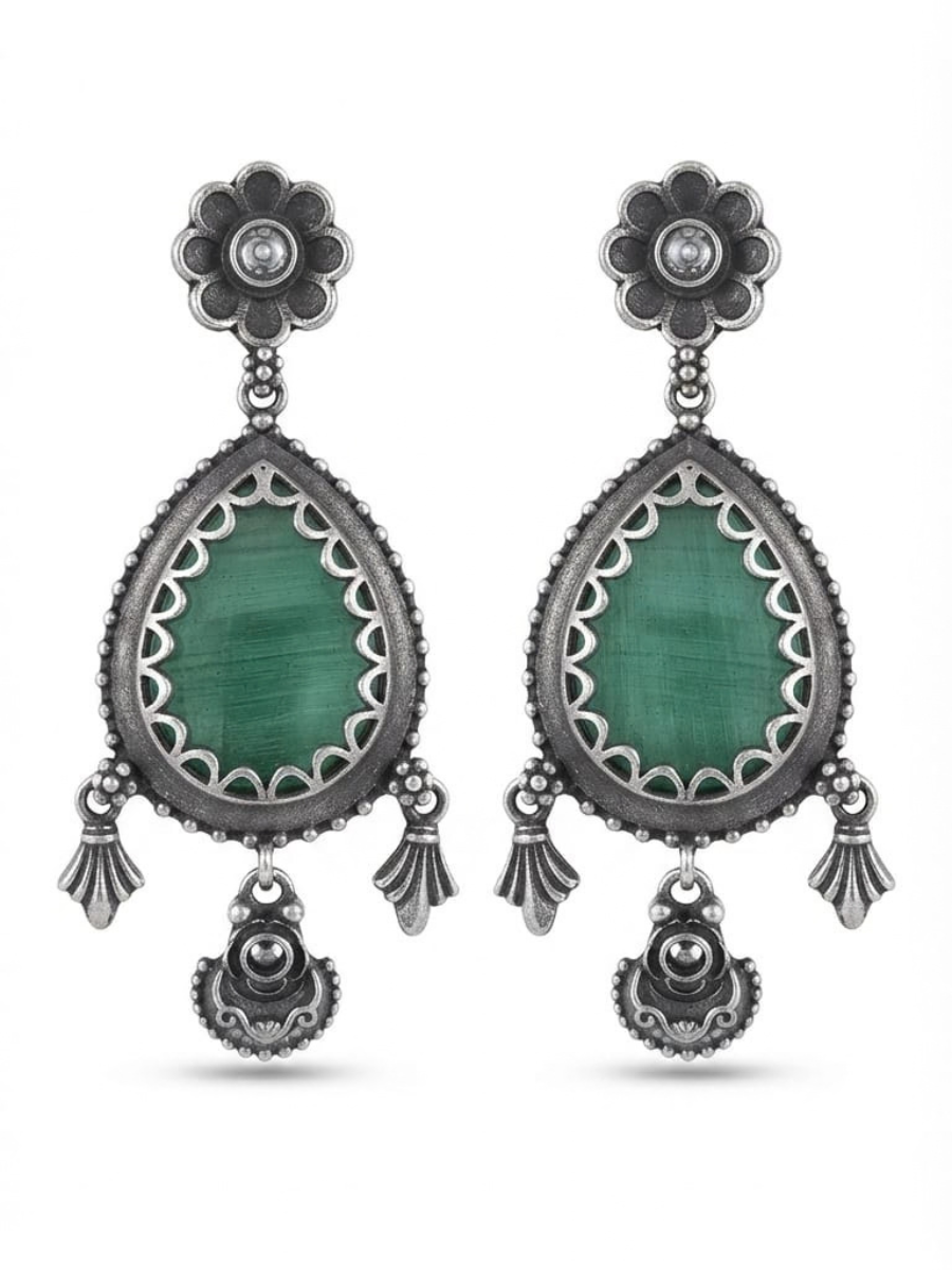 Oxidised Silver Sea Green Teardrop Dangle Earrings