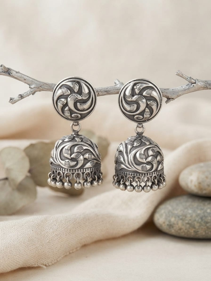 Oxidised Silver Swirl Carved Jhumka Earrings