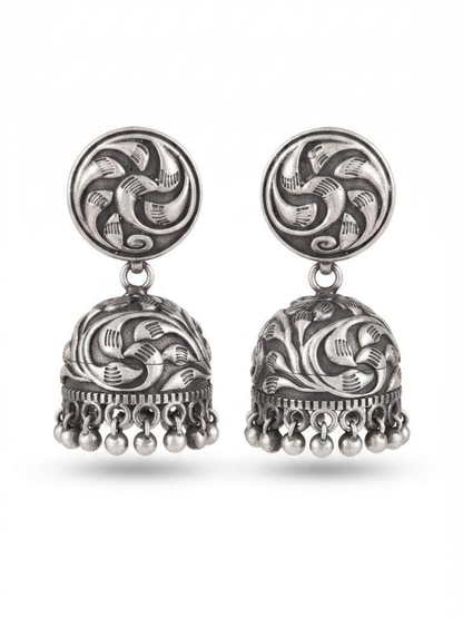 Oxidised Silver Swirl Carved Jhumka Earrings