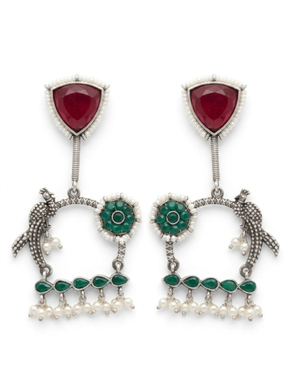 Oxidised Silver Traditional Red Green Stone Bird Motif Earrings