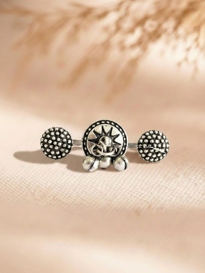 Oxidised silver double finger ring with ghungroos