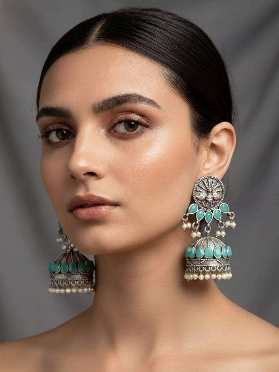Oxidised Silver Turquoise Peacock Statement Jhumkas