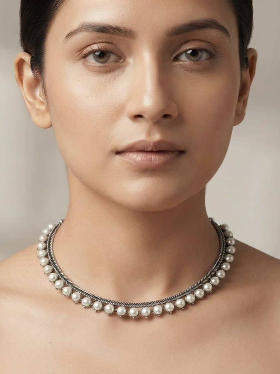 Oxidised Silver White Pearl Beaded Choker