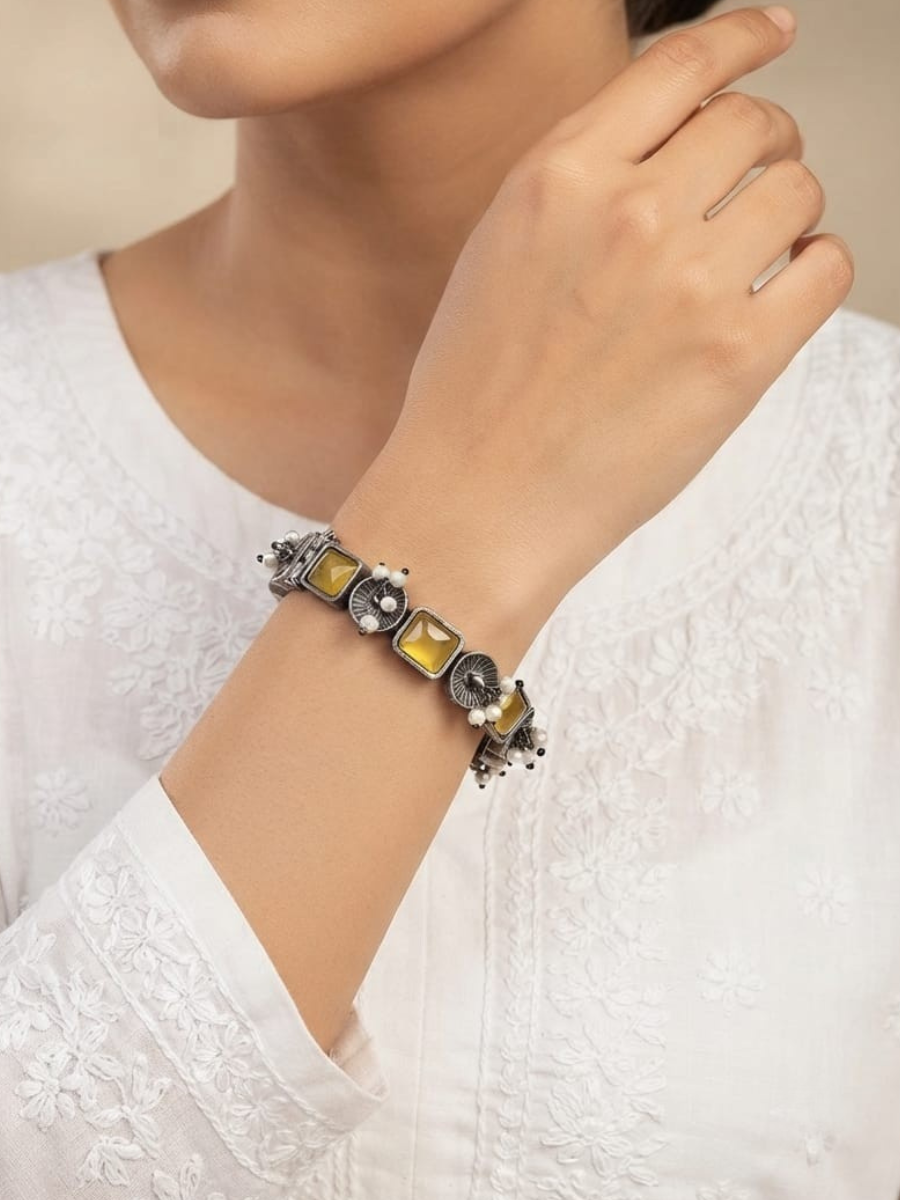Oxidised Silver Yellow Stone Floral Bangle