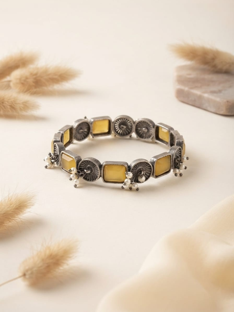 Oxidised silver yellow stone floral bangle