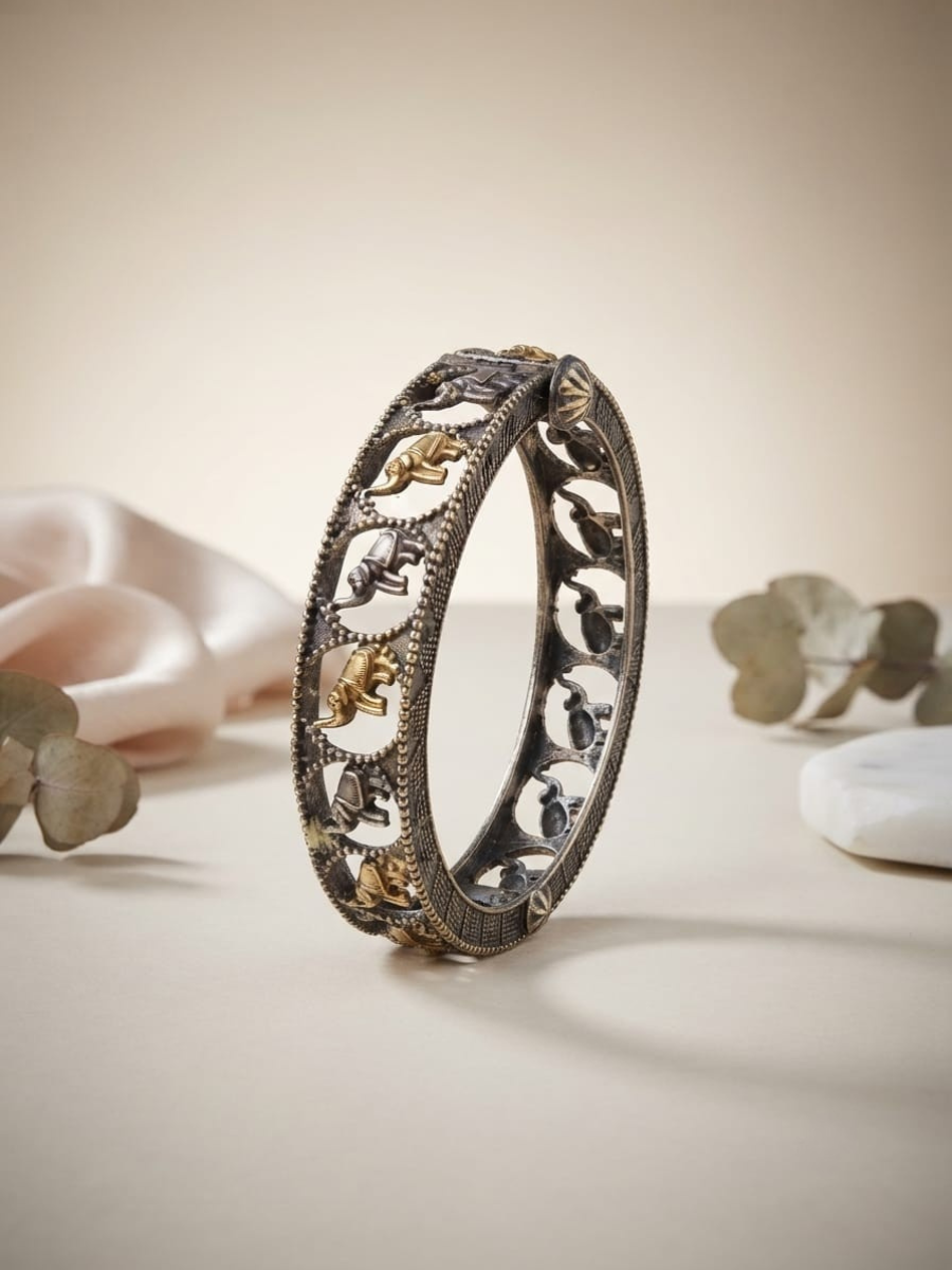 Oxidised Two Tone Elephant Motif Kada Bangle
