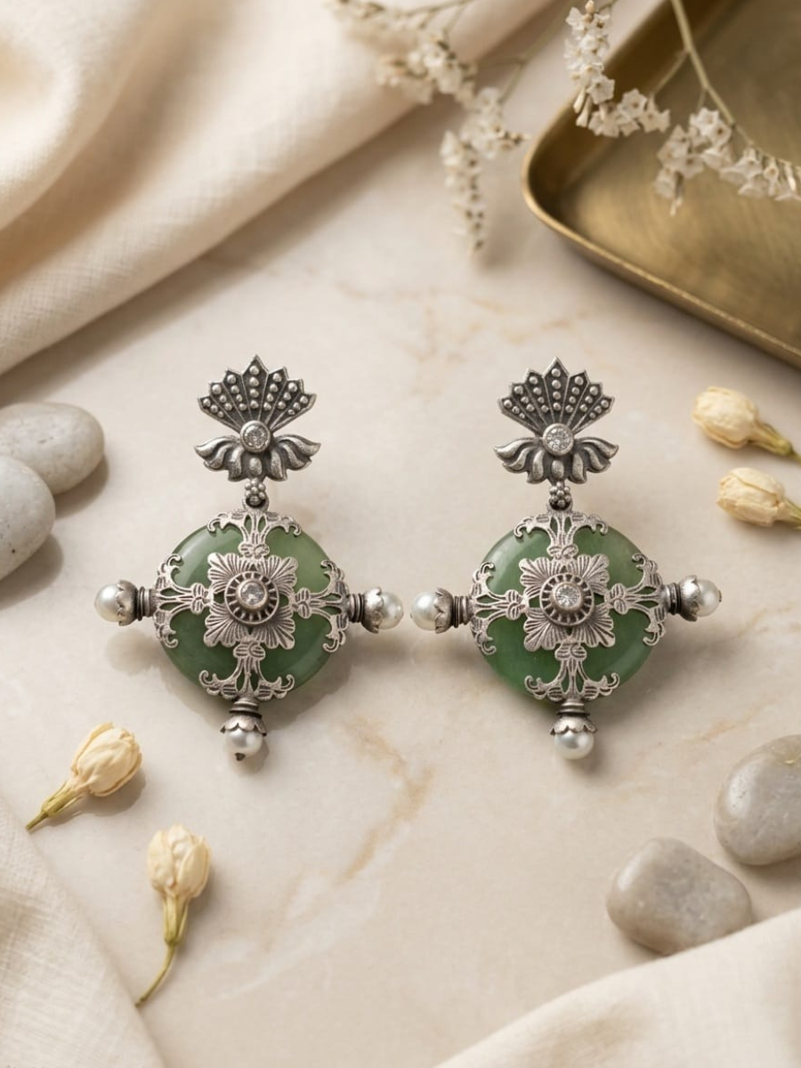 Oxidized silver green gemstone earrings