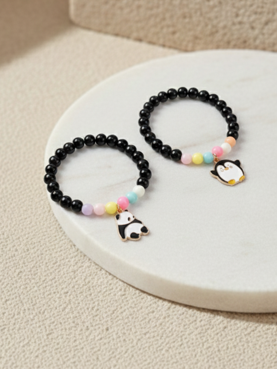 Buy Panda and Penguin Charms Black Beaded Friendship Beacelets Online in India - TheJewelbox