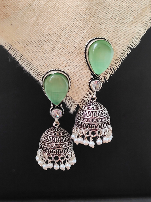 Buy Parrot Green Stone Oxidised Silver Small Jhumka Earrings - TheJewelbox