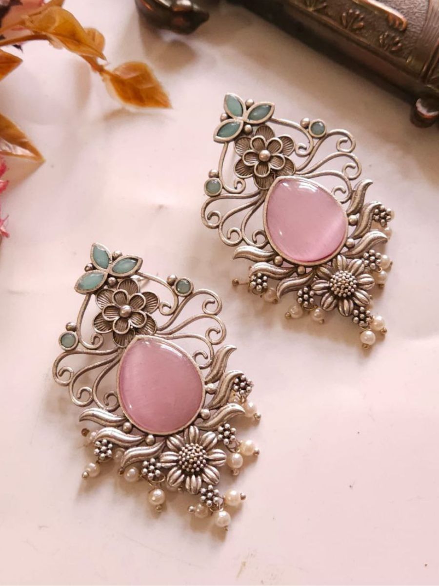 Pastel Pink and Blue Monalisa Stone Oxidised Silver Earrings