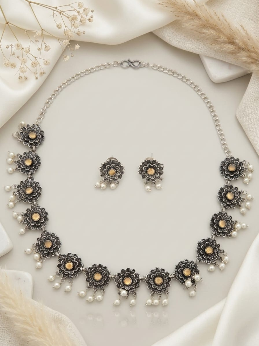 Buy Peach Flower Shaped Oxidised Silver Necklace Set with Earrings Online in India