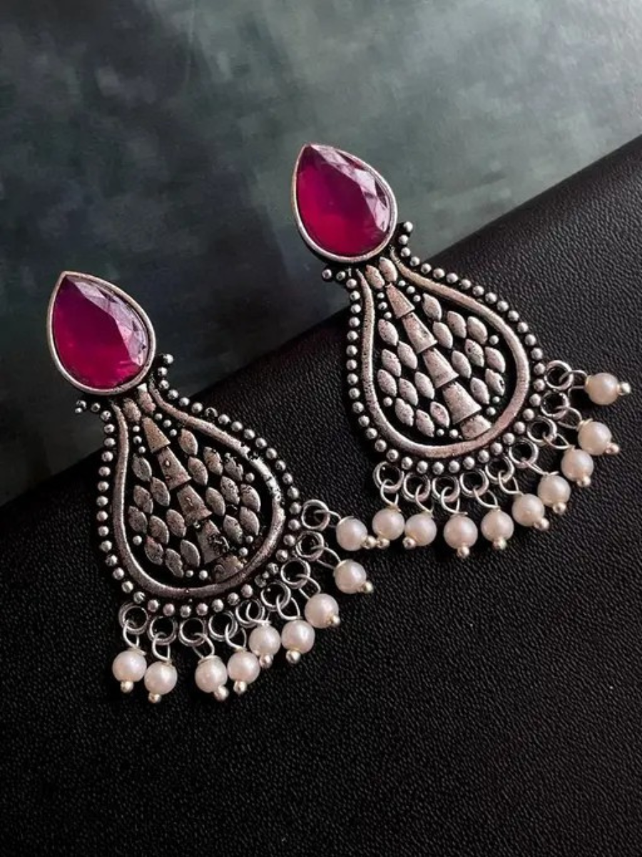 Buy Pink Monalisa Stone Oxidised Silver Teardrop Earrings Online - TheJewelbox