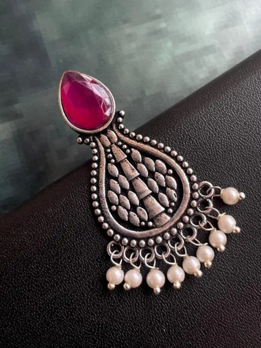 Pink Monalisa Stone Oxidised Silver Teardrop Earrings