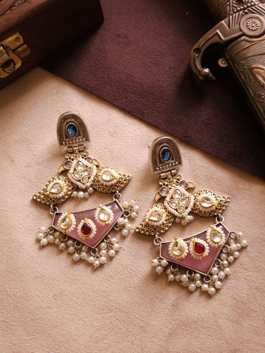 Buy Pink Stone and Kundan Studded Dual Tone Oxidised Earrings - TheJewelbox
