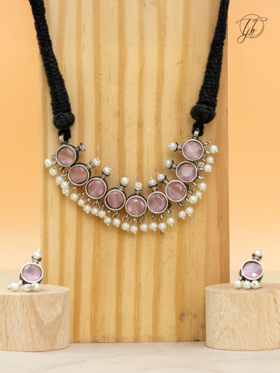 Buy Pink Stones German Silver Oxidised Thread Necklace Set Online - TheJewelbox