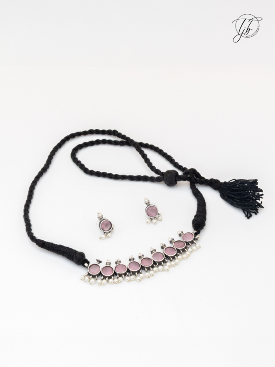 Pink Stones German Silver Oxidised Thread Necklace Set