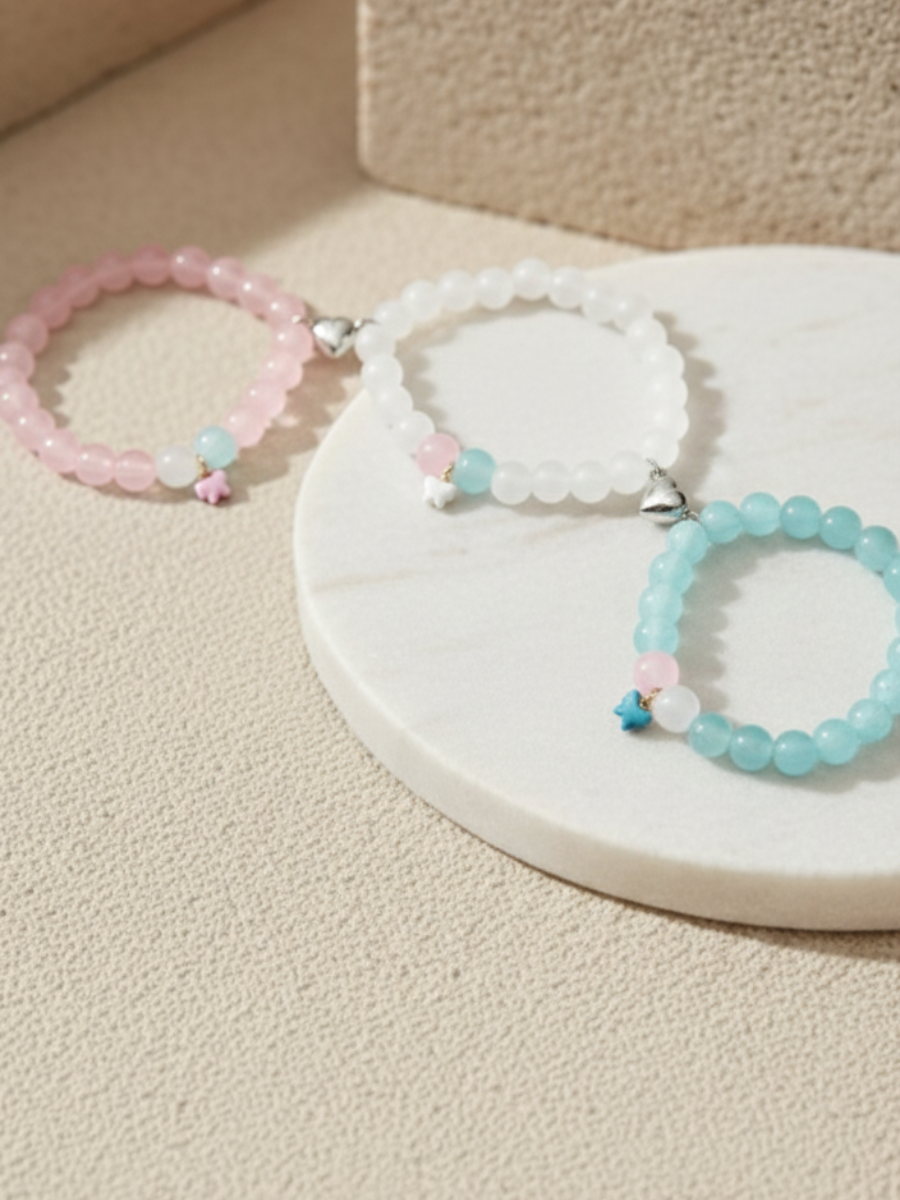Pink, Sky Blue and White Butterfly Charms Beaded Magnetic Bracelets