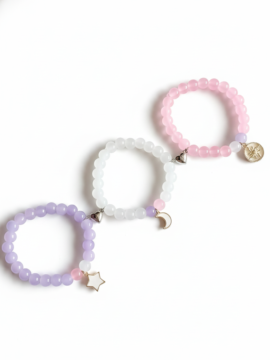 Trio Friendship CharmPink, White and Purple Beaded Bracelets